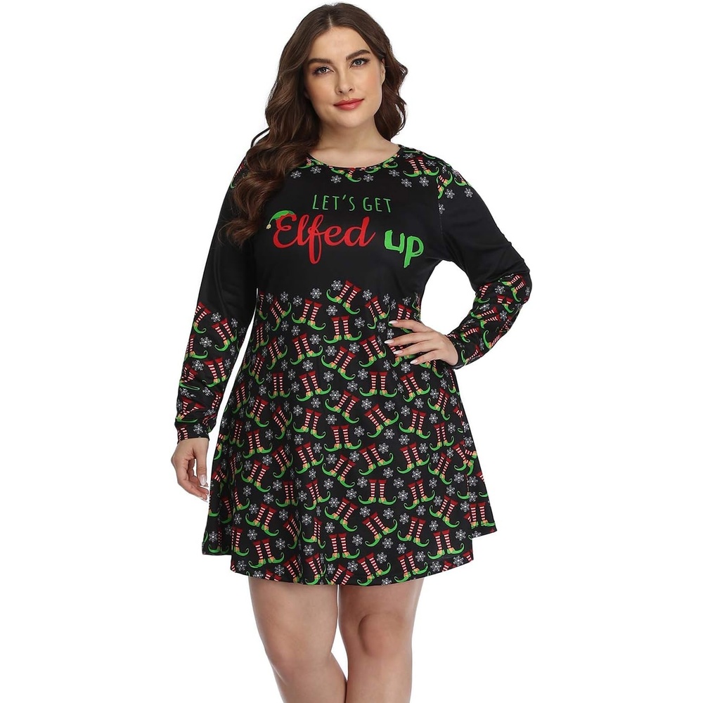 image:imageHDE Womens Plus Size Party Dress Ugly Christmas Sweater Long Sleeve Above Knee Skater Dress Fun Holiday Xmas Swing TunicElfed Up
