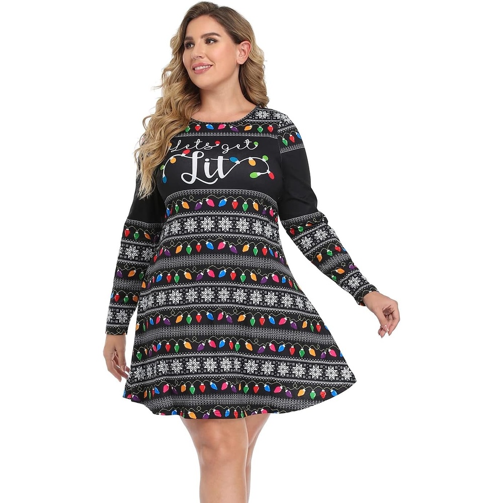 image:imageHDE Womens Plus Size Party Dress Ugly Christmas Sweater Long Sleeve Above Knee Skater Dress Fun Holiday Xmas Swing TunicGet Lit