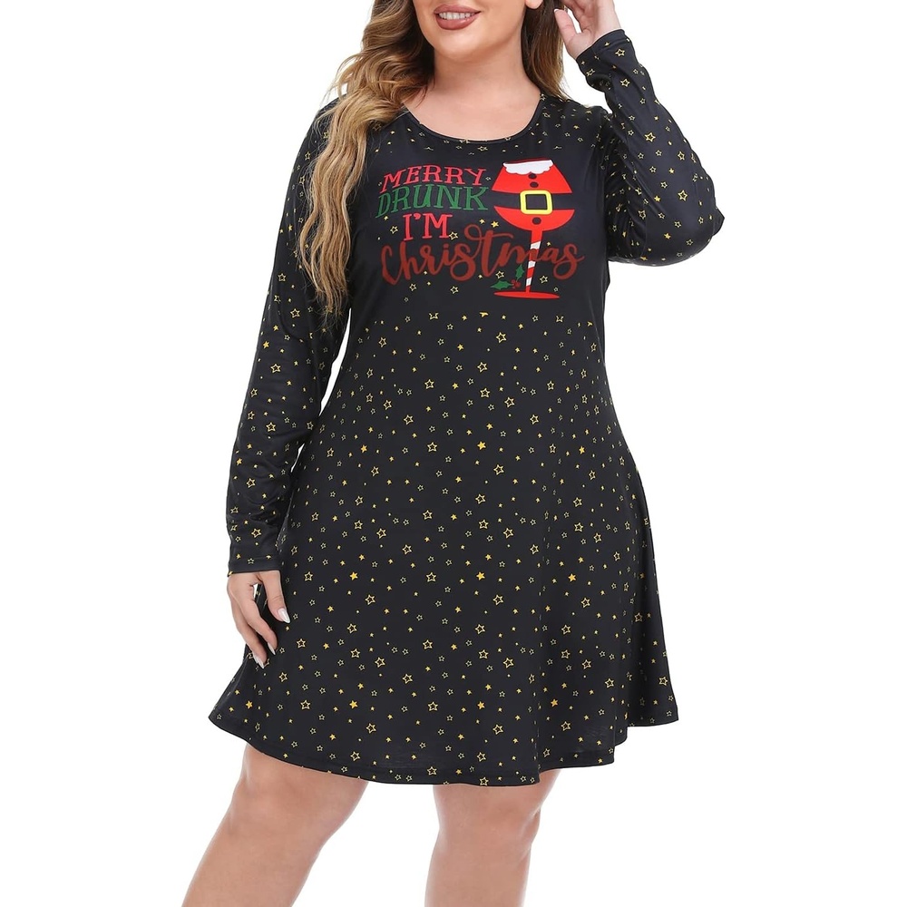 image:imageHDE Womens Plus Size Party Dress Ugly Christmas Sweater Long Sleeve Above Knee Skater Dress Fun Holiday Xmas Swing TunicMerry Drunk Im Christmas