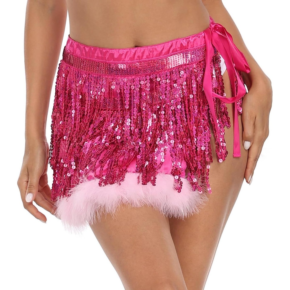 image:imageHDE Womens Sequin Tassel Fringe Skirt Fur Trim Adjustable Tie Hip Scarf WrapHot Pink