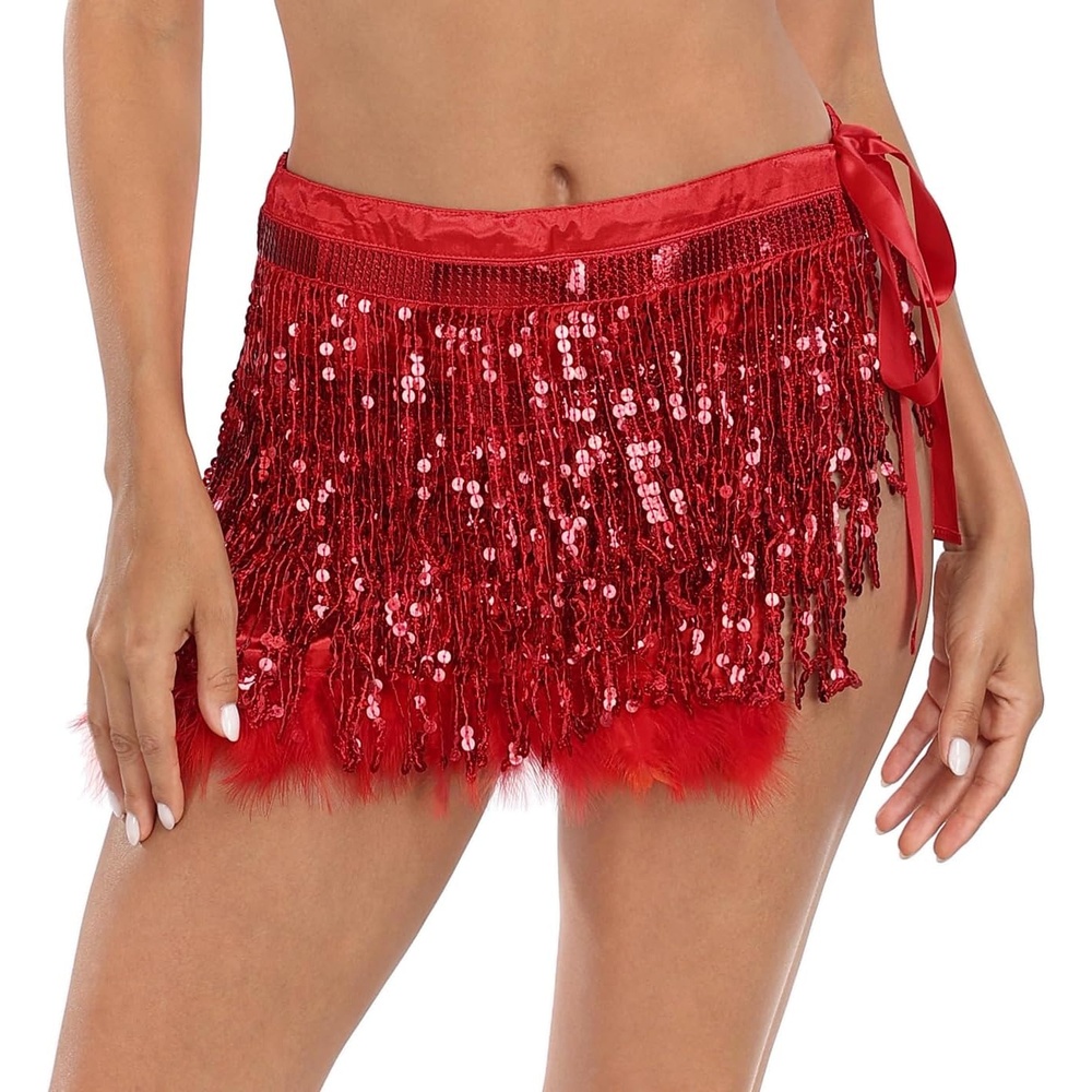 image:imageHDE Womens Sequin Tassel Fringe Skirt Fur Trim Adjustable Tie Hip Scarf WrapRed