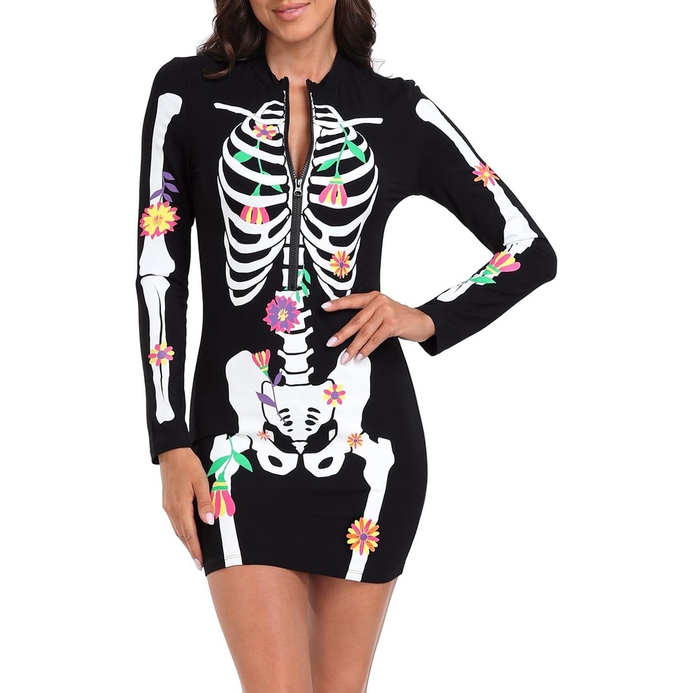 image:imageHDE Womens Skeleton Dress Spooky Long Sleeve Bones Mini Dress Halloween Party Costume Fitted Stretchy Bodycon with Half ZipDay of the Dead Floral