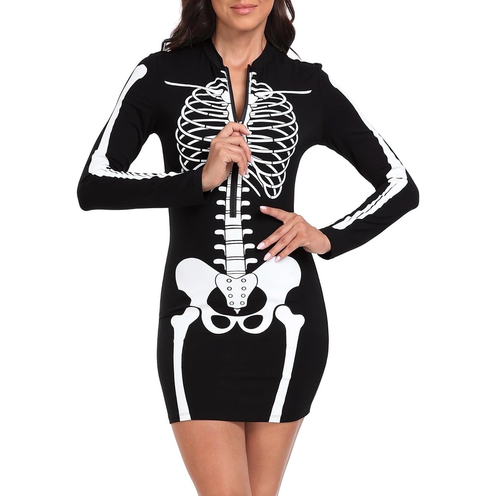 image:imageHDE Womens Skeleton Dress Spooky Long Sleeve Bones Mini Dress Halloween Party Costume Fitted Stretchy Bodycon with Half ZipFull Skeleton Front Back