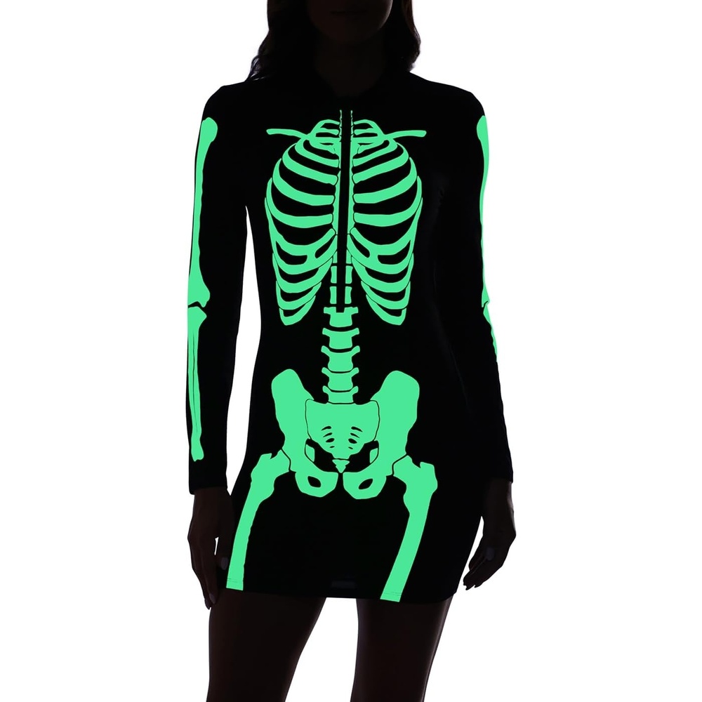 image:imageHDE Womens Skeleton Dress Spooky Long Sleeve Bones Mini Dress Halloween Party Costume Fitted Stretchy Bodycon with Half ZipGlow in Dark
