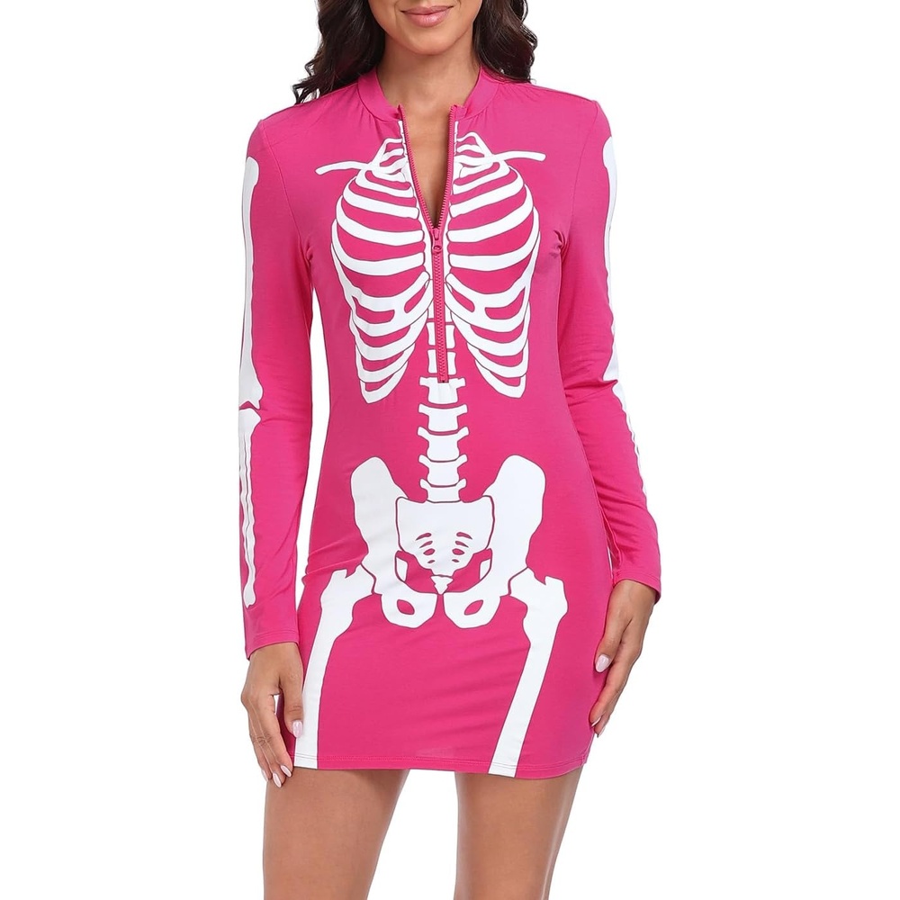 image:imageHDE Womens Skeleton Dress Spooky Long Sleeve Bones Mini Dress Halloween Party Costume Fitted Stretchy Bodycon with Half ZipHot Pink