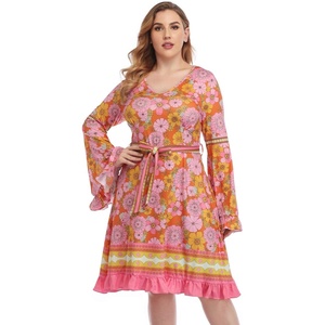 image:imageHDE Plus Size Bell Sleeve Dress Ruffled Vintage 70s A line Hippie Goth Witch V Neck Long Sleeve Knee Length Tie Belt CostumeHippie Flowers