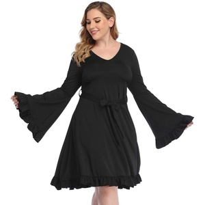 image:imageHDE Plus Size Bell Sleeve Dress Ruffled Vintage 70s A line Hippie Goth Witch V Neck Long Sleeve Knee Length Tie Belt CostumeWitchy Black