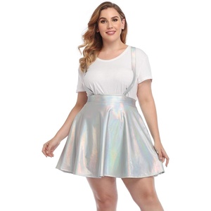 image:imageHDE Plus Size Shiny Metallic Suspender Skirt High Waisted Rave SkirtHolographic Silver