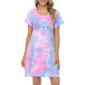 image:imageHDE Womens Cotton Sleepwear Nightgowns Short Sleeve Sleepshirt Print Night Shirt Loungewear Pajama Shirt Dress Plus Size S5XCute Cat Tie Dye