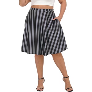 image:imageHDE Womens Plus Size Midi Skater Skirt High Waist Knee Length Skirt with PocketsBlack and Gray Vertical Stripes