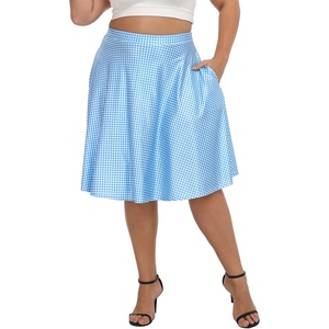 image:imageHDE Womens Plus Size Midi Skater Skirt High Waist Knee Length Skirt with PocketsBlue Gingham