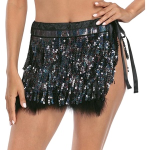 image:imageHDE Womens Sequin Tassel Fringe Skirt Fur Trim Adjustable Tie Hip Scarf WrapBlack