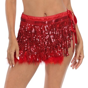 image:imageHDE Womens Sequin Tassel Fringe Skirt Fur Trim Adjustable Tie Hip Scarf WrapRed