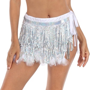 image:imageHDE Womens Sequin Tassel Fringe Skirt Fur Trim Adjustable Tie Hip Scarf WrapSilver