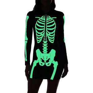 image:imageHDE Womens Skeleton Dress Spooky Long Sleeve Bones Mini Dress Halloween Party Costume Fitted Stretchy Bodycon with Half ZipGlow in Dark
