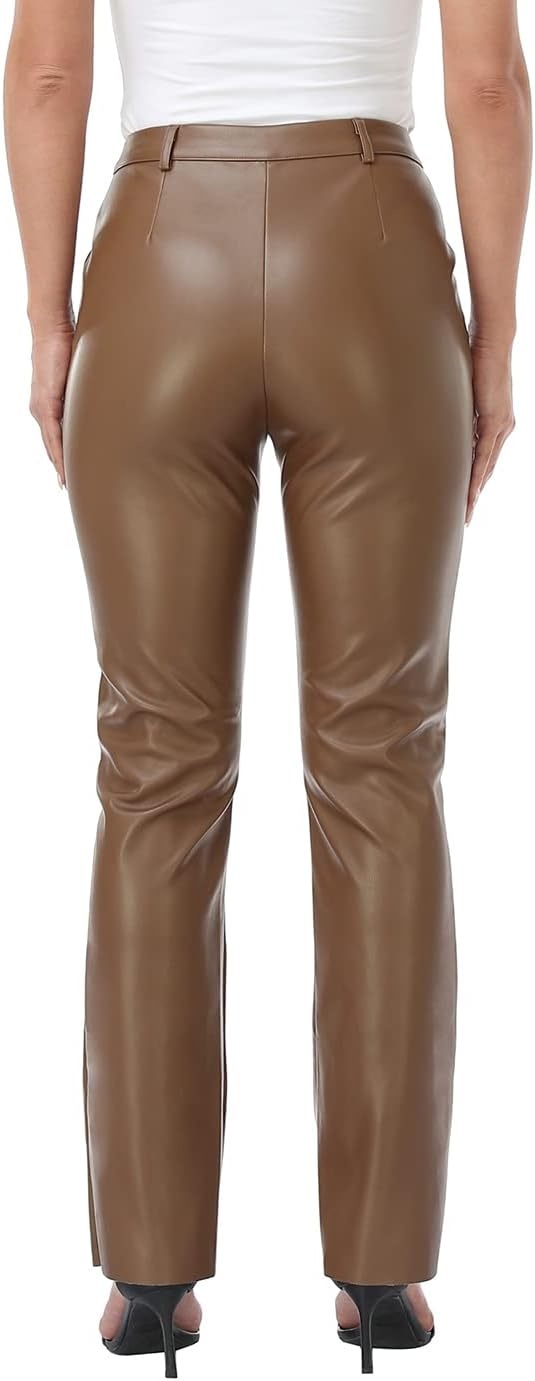 image:imageHDE Womens Faux Leather Pants High Waisted Straight Leg Trousers with PocketsBrown
