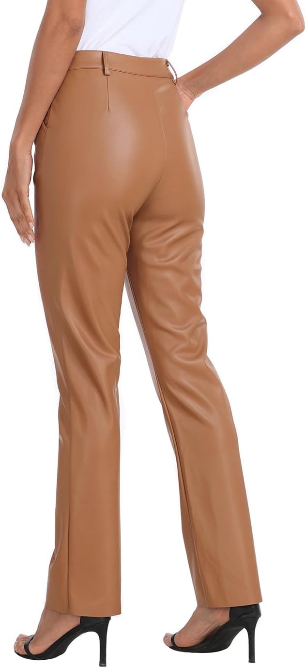 image:imageHDE Womens Faux Leather Pants High Waisted Straight Leg Trousers with PocketsCamel Brown