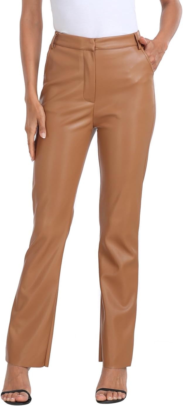 image:imageHDE Womens Faux Leather Pants High Waisted Straight Leg Trousers with PocketsCamel Brown