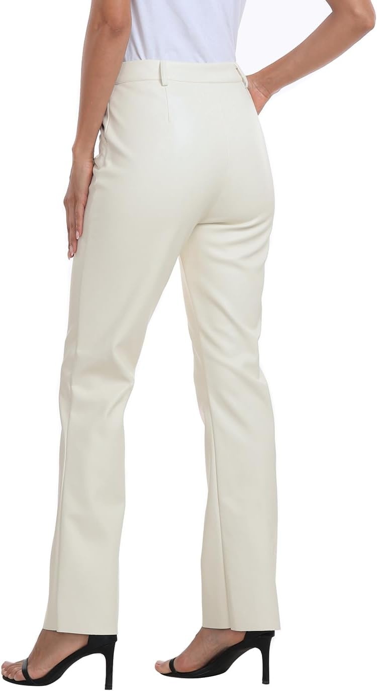 image:imageHDE Womens Faux Leather Pants High Waisted Straight Leg Trousers with PocketsCream White