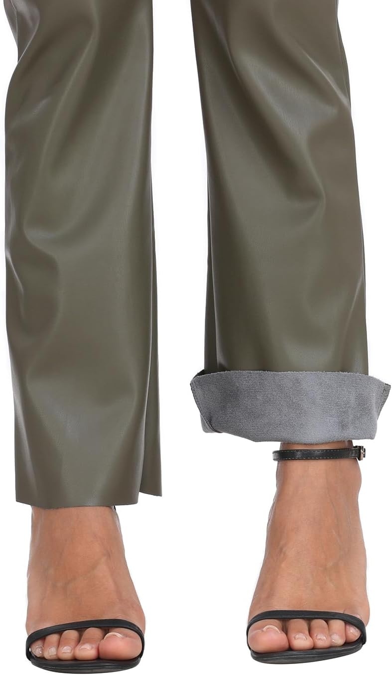 image:imageHDE Womens Faux Leather Pants High Waisted Straight Leg Trousers with PocketsOlive Green