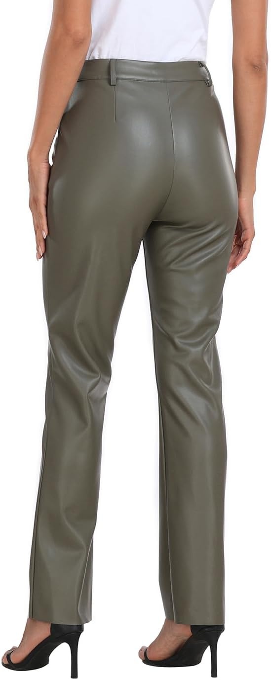 image:imageHDE Womens Faux Leather Pants High Waisted Straight Leg Trousers with PocketsOlive Green