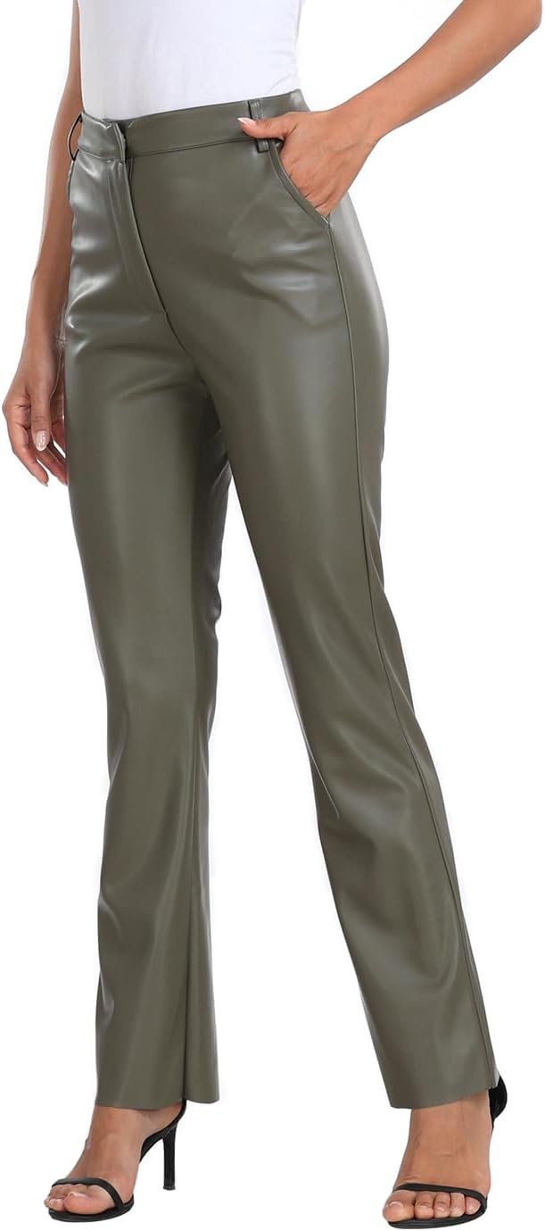 image:imageHDE Womens Faux Leather Pants High Waisted Straight Leg Trousers with PocketsOlive Green