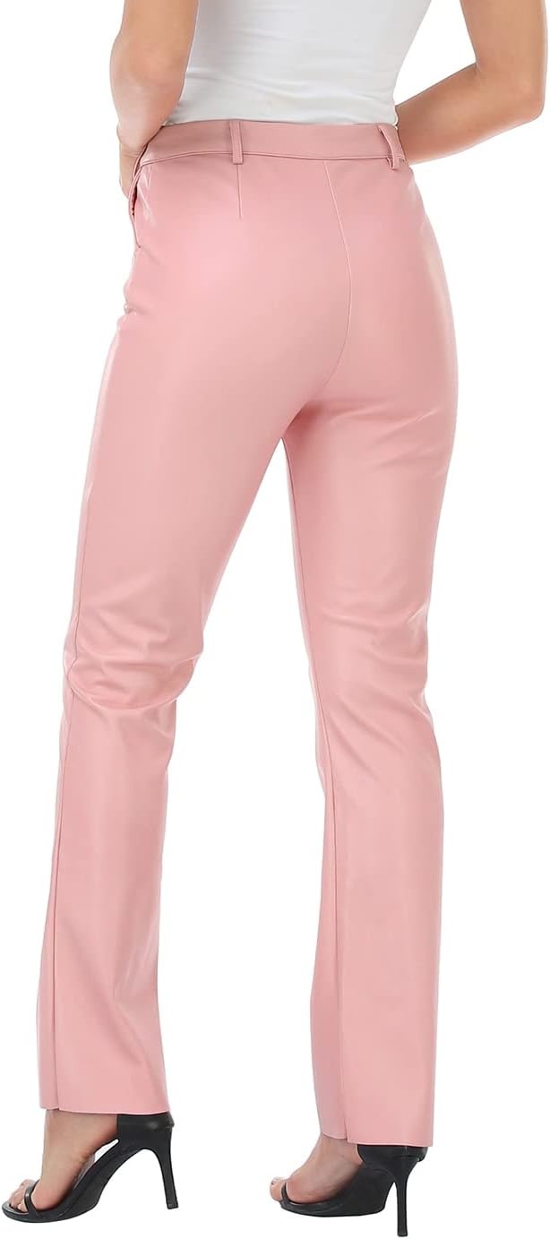 image:imageHDE Womens Faux Leather Pants High Waisted Straight Leg Trousers with PocketsPink