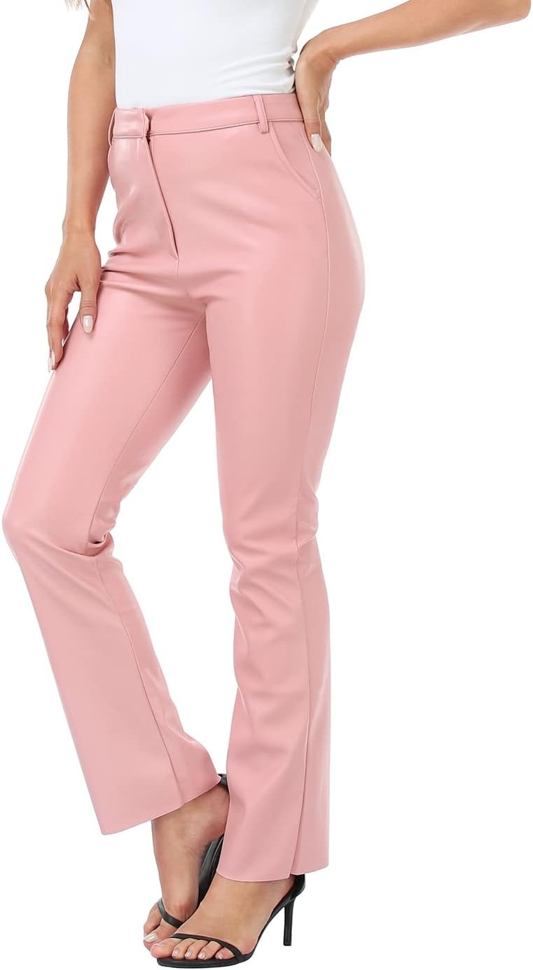 image:imageHDE Womens Faux Leather Pants High Waisted Straight Leg Trousers with PocketsPink