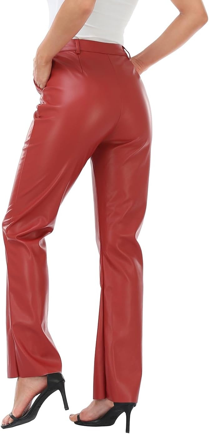 image:imageHDE Womens Faux Leather Pants High Waisted Straight Leg Trousers with PocketsRed