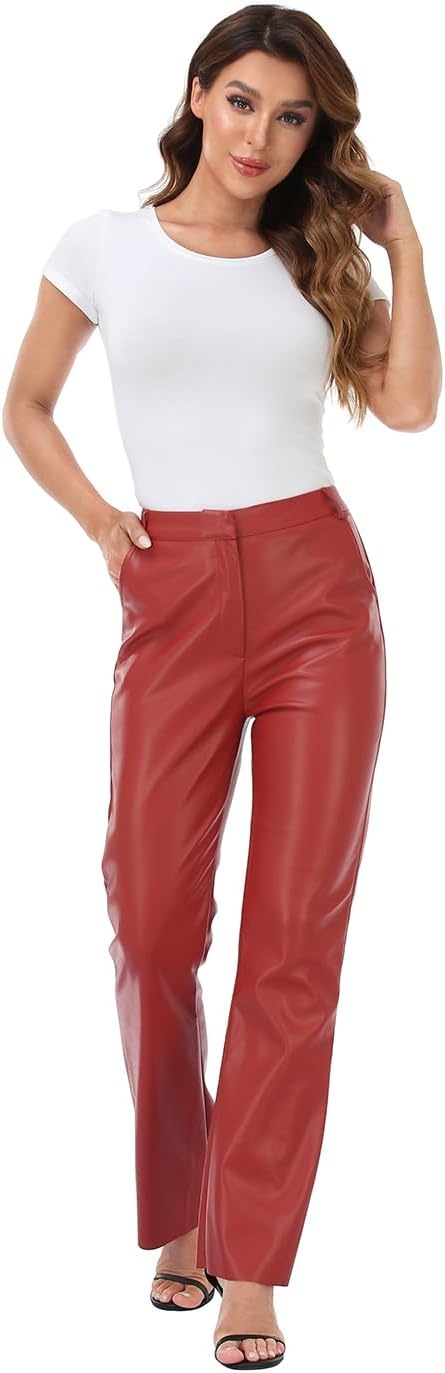 image:imageHDE Womens Faux Leather Pants High Waisted Straight Leg Trousers with PocketsRed
