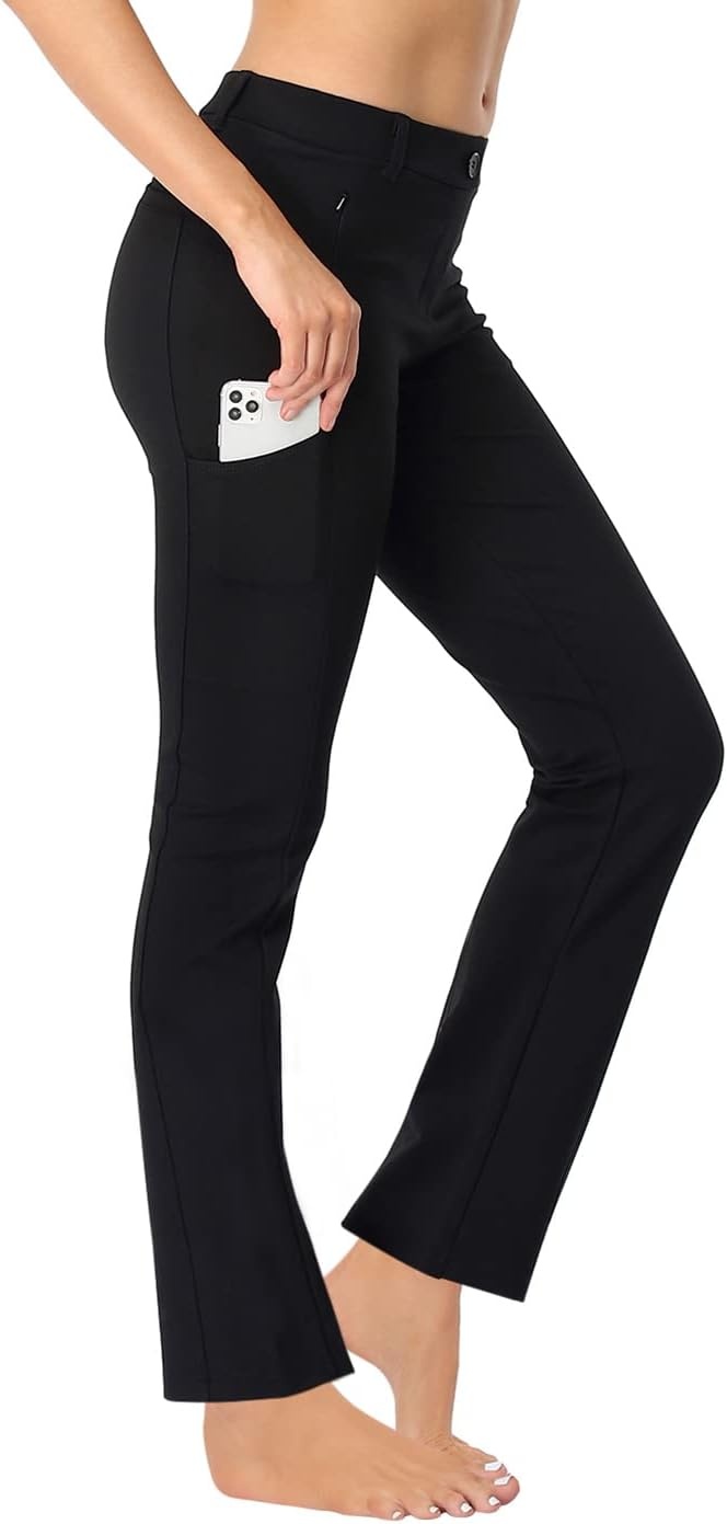 image:imageHDE Yoga Dress Pants for Women Straight Leg Pull On Pants with 8 PocketsBlack