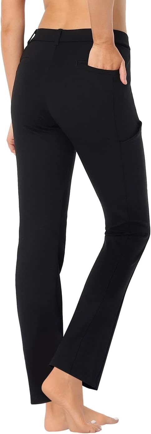 image:imageHDE Yoga Dress Pants for Women Straight Leg Pull On Pants with 8 PocketsBlack