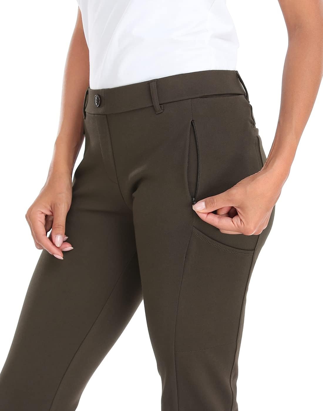 image:imageHDE Yoga Dress Pants for Women Straight Leg Pull On Pants with 8 PocketsBrown