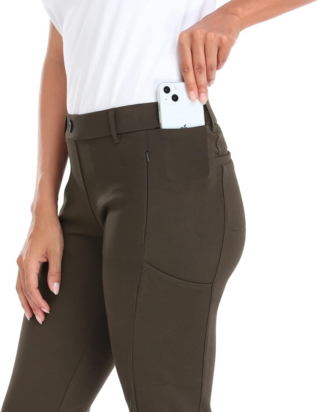image:imageHDE Yoga Dress Pants for Women Straight Leg Pull On Pants with 8 PocketsBrown
