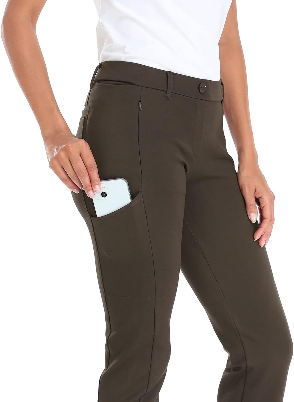 image:imageHDE Yoga Dress Pants for Women Straight Leg Pull On Pants with 8 PocketsBrown