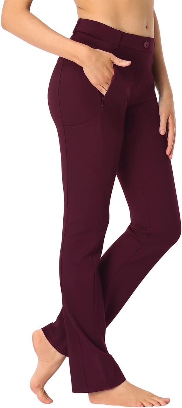 image:imageHDE Yoga Dress Pants for Women Straight Leg Pull On Pants with 8 PocketsBurgundy