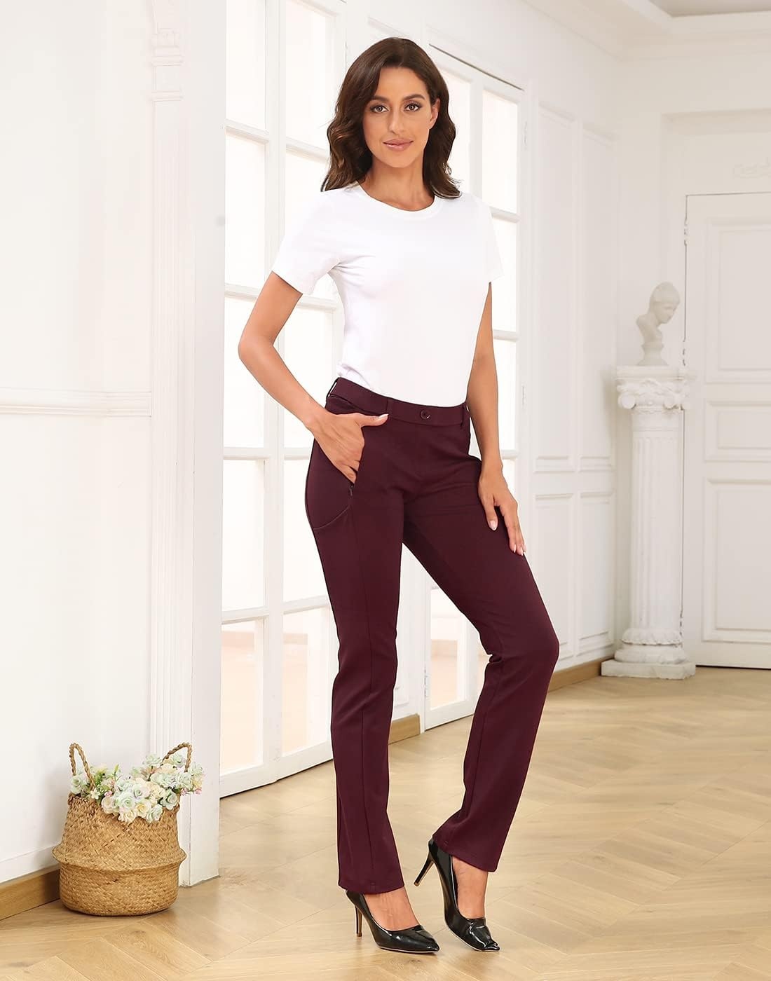 image:imageHDE Yoga Dress Pants for Women Straight Leg Pull On Pants with 8 PocketsBurgundy