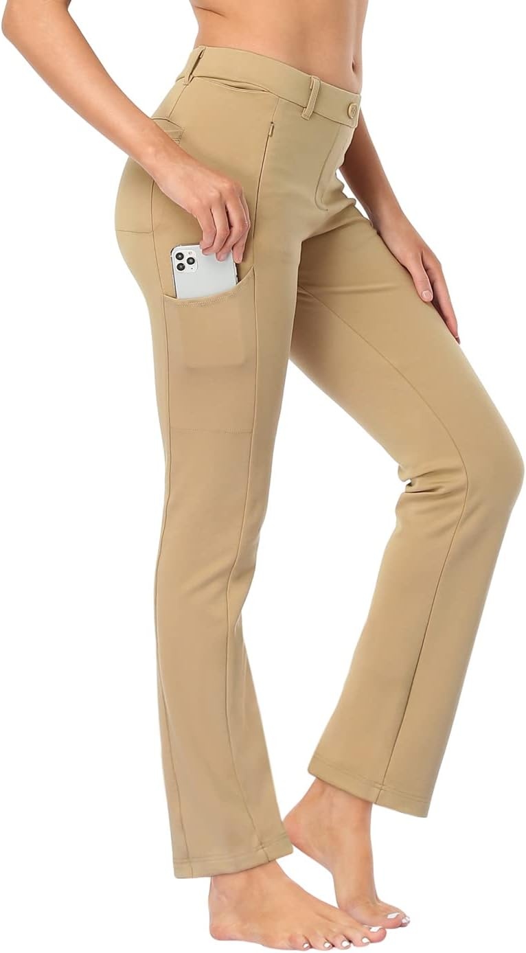 image:imageHDE Yoga Dress Pants for Women Straight Leg Pull On Pants with 8 PocketsKhaki