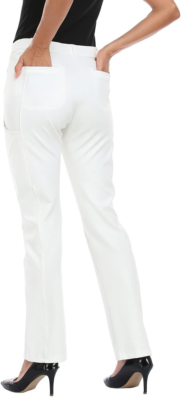 image:imageHDE Yoga Dress Pants for Women Straight Leg Pull On Pants with 8 PocketsWhite