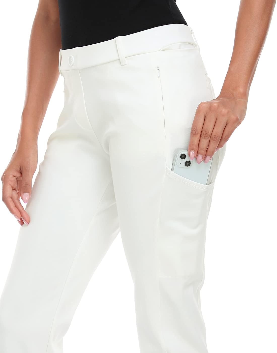 image:imageHDE Yoga Dress Pants for Women Straight Leg Pull On Pants with 8 PocketsWhite