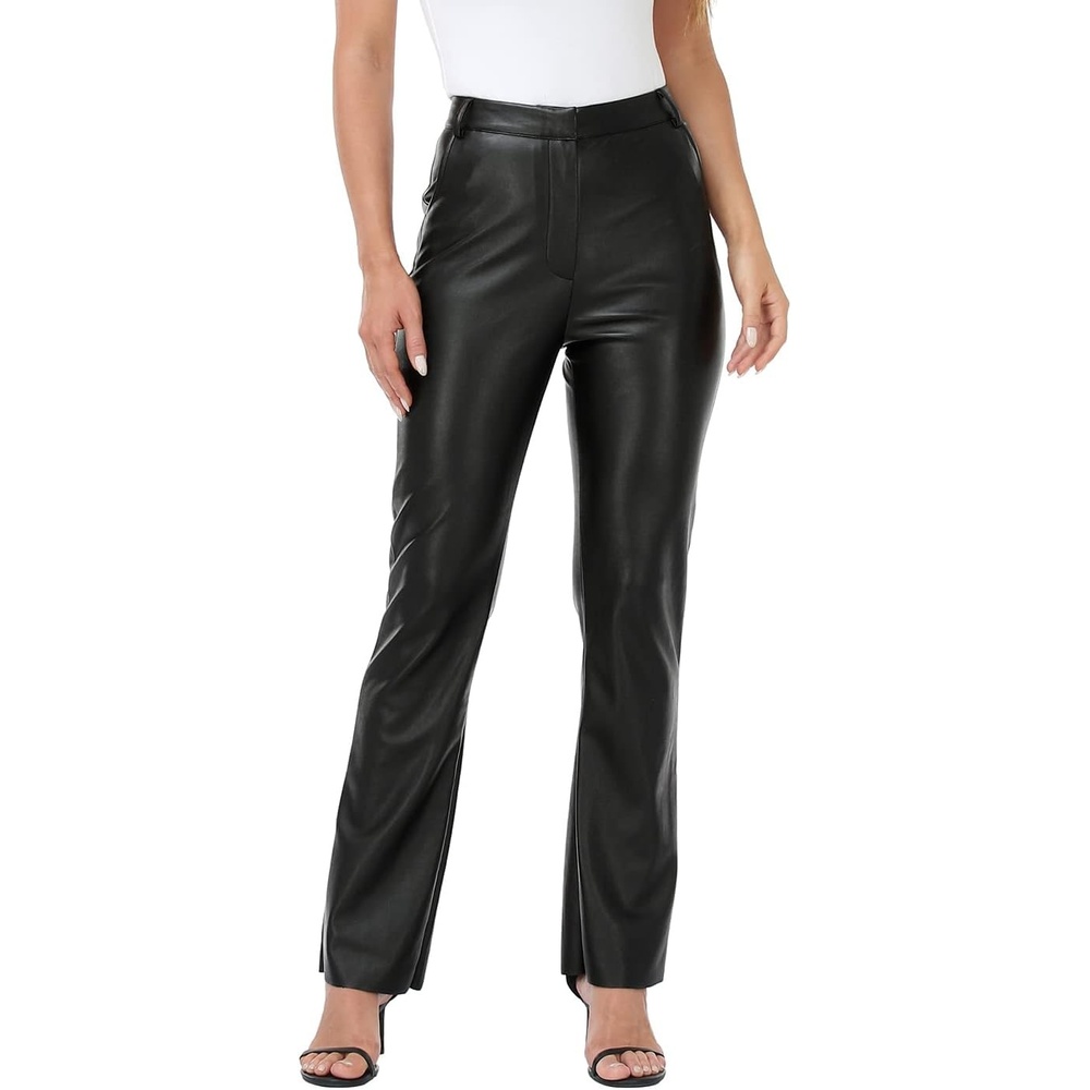 image:imageHDE Womens Faux Leather Pants High Waisted Straight Leg Trousers with PocketsBlack