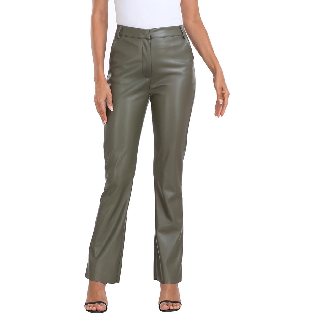 image:imageHDE Womens Faux Leather Pants High Waisted Straight Leg Trousers with PocketsOlive Green