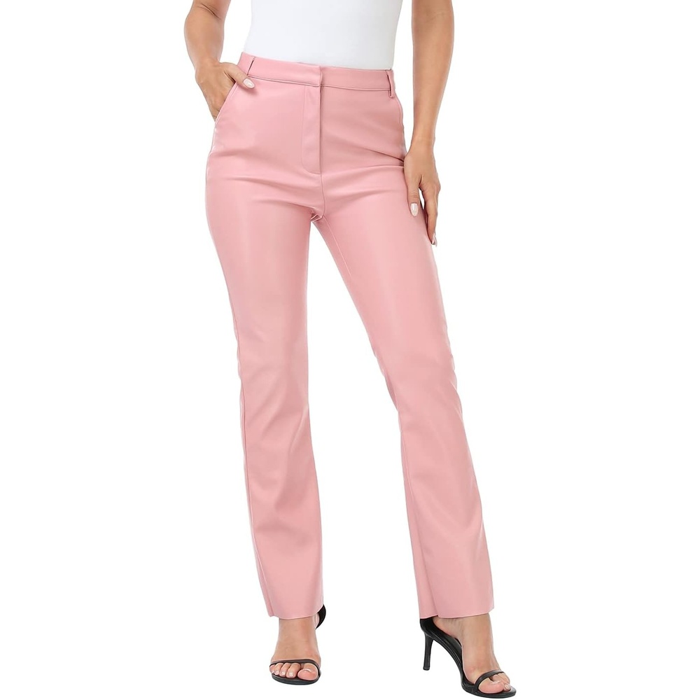 image:imageHDE Womens Faux Leather Pants High Waisted Straight Leg Trousers with PocketsPink