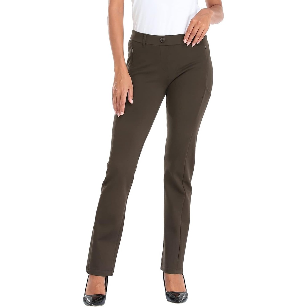image:imageHDE Yoga Dress Pants for Women Straight Leg Pull On Pants with 8 PocketsBrown