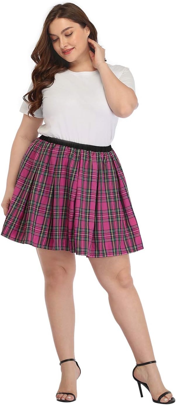 image:imageHDE Plus Size Skirt Plaid Mini Skater Skirts Pleated School GirlPink Plaid