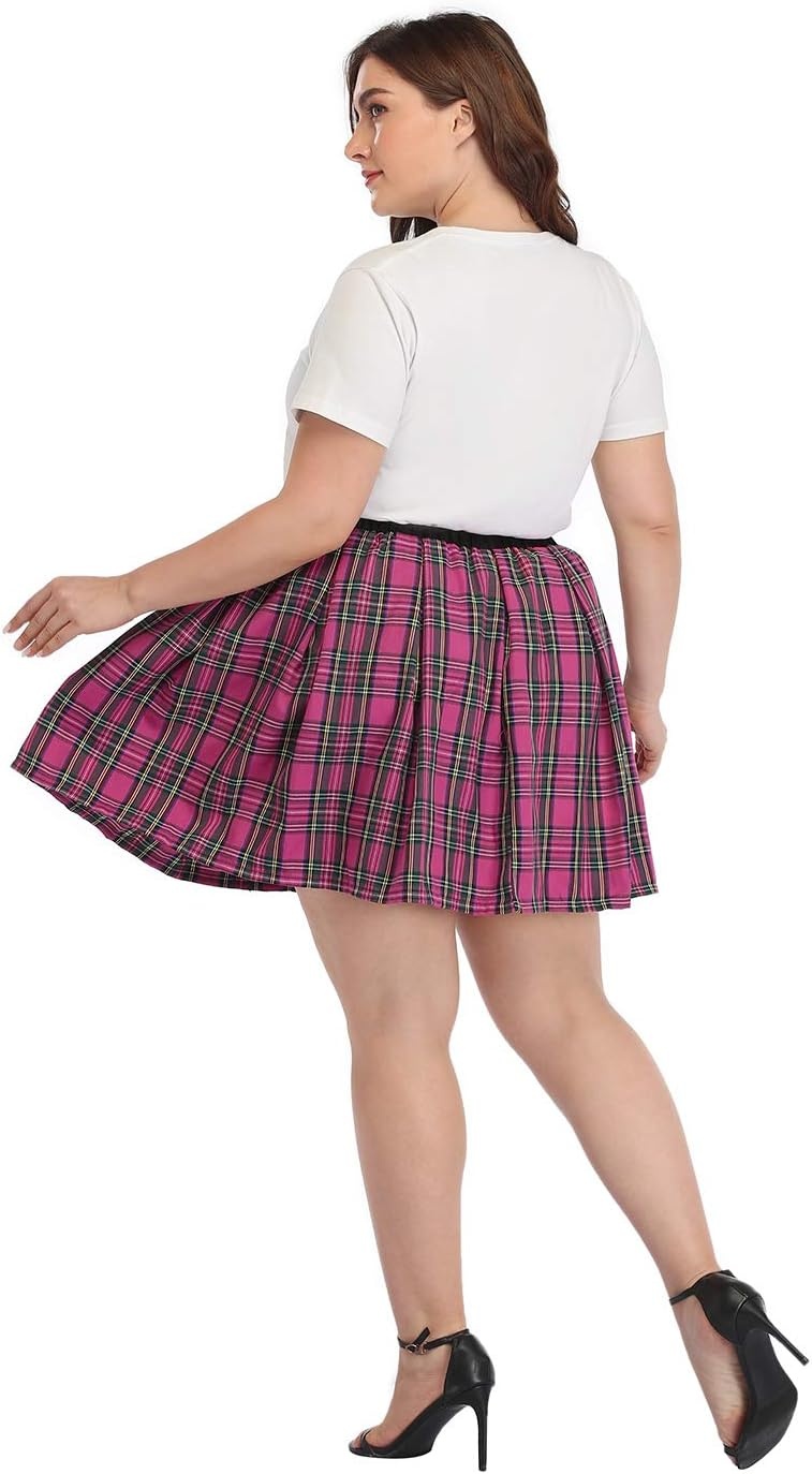 image:imageHDE Plus Size Skirt Plaid Mini Skater Skirts Pleated School GirlPink Plaid