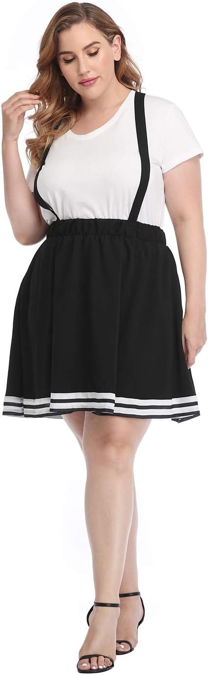 image:imageHDE Plus Size Suspender Skirt 1X4X Elastic Waist Overall Pinafore Skater SkirtsCheer Stripe Black