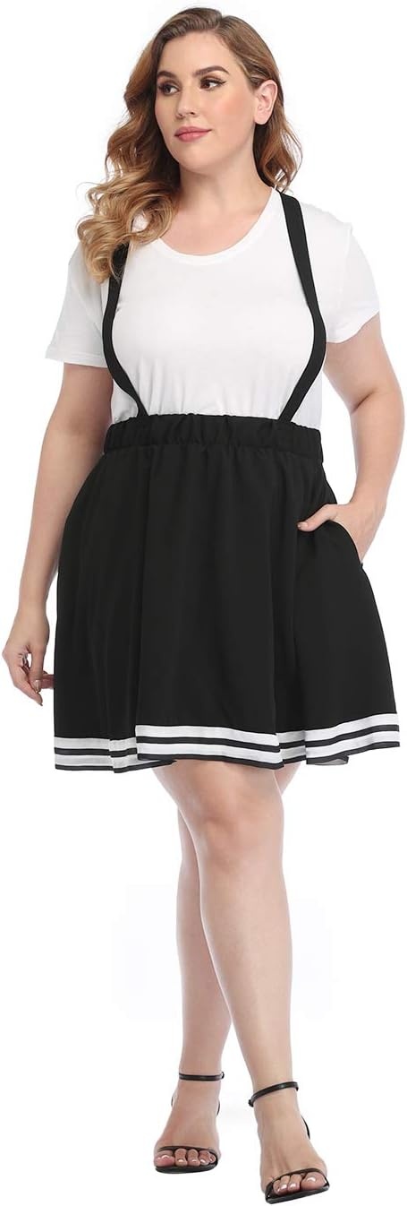 image:imageHDE Plus Size Suspender Skirt 1X4X Elastic Waist Overall Pinafore Skater SkirtsCheer Stripe Black