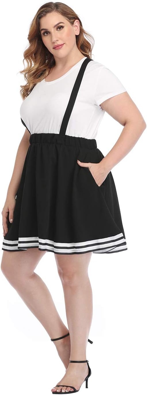 image:imageHDE Plus Size Suspender Skirt 1X4X Elastic Waist Overall Pinafore Skater SkirtsCheer Stripe Black