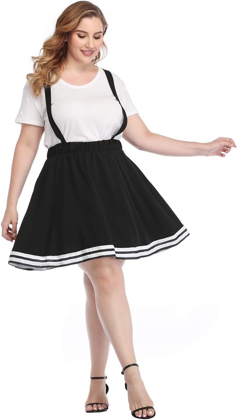 image:imageHDE Plus Size Suspender Skirt 1X4X Elastic Waist Overall Pinafore Skater SkirtsCheer Stripe Black